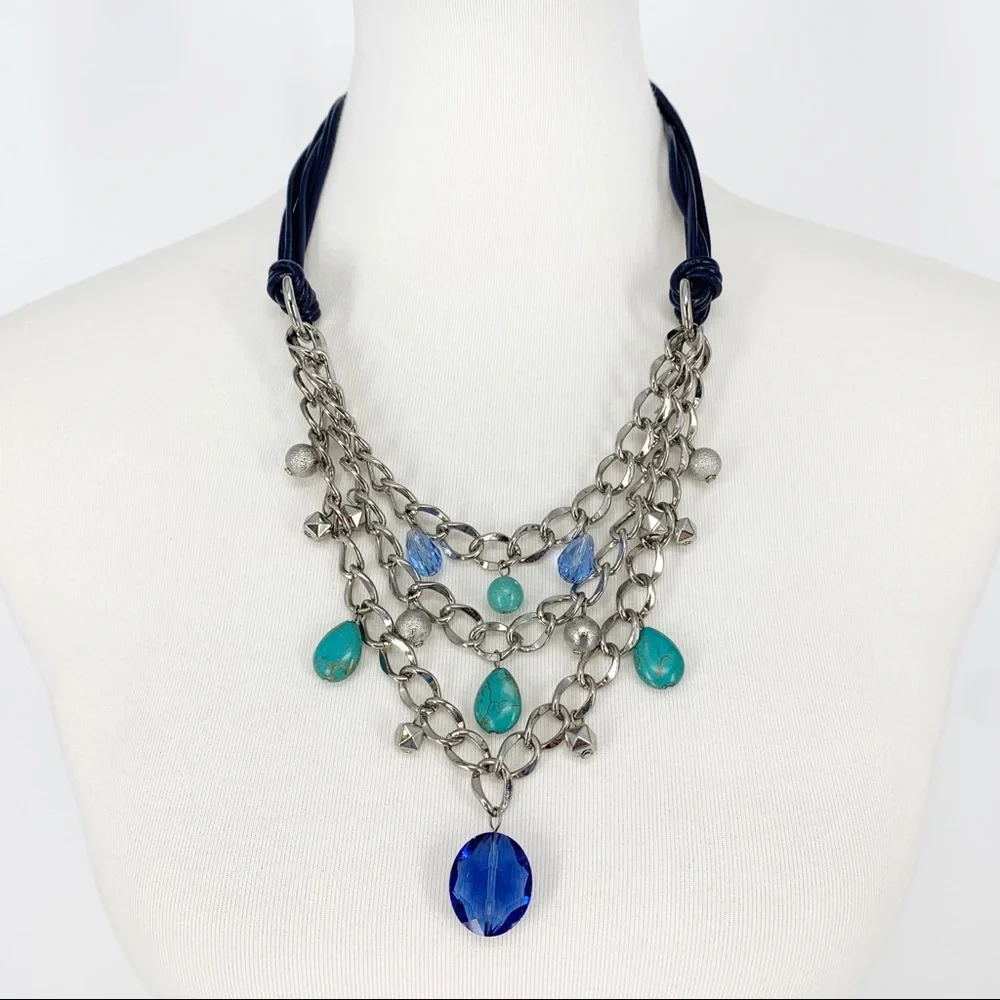VT Luxe Blue Leather Silver Chain Multi Strand Necklace Teal‎ Crystal Statement